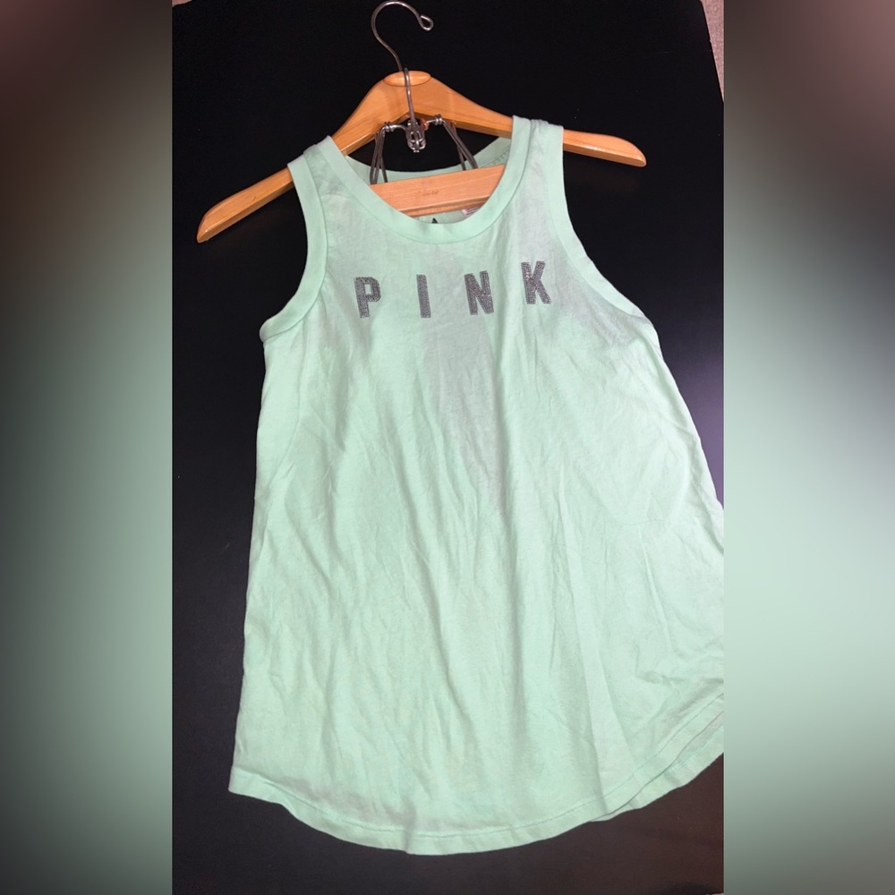 PINK Victoria's Secret Sequins Logo Mint Green Open Back Tank Top Size XS EUC